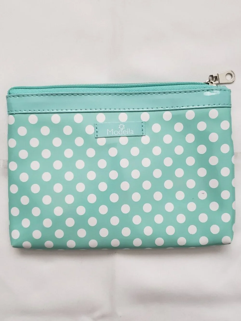 Modella mint & white polka dot makeup travel bag zipper closure storage 6 x 8